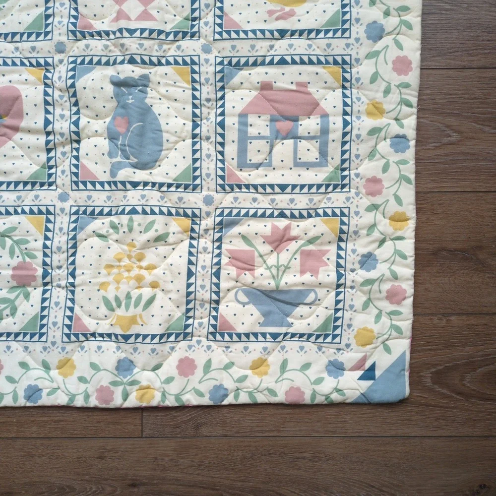 Vintage 80s Baby Quilt Wall Hanging Pastel Animal Cat Whale Duck Floral Folk Art